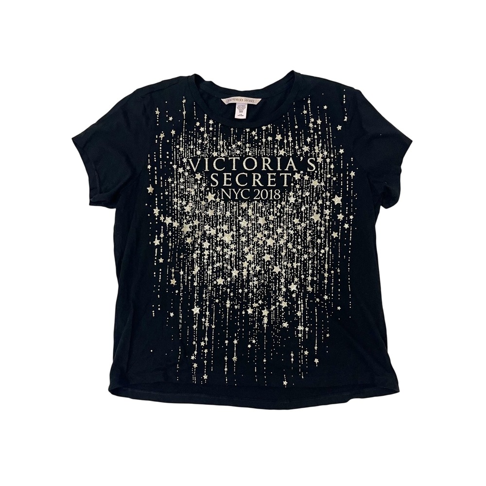 Victoria's Secret NYC 2018 Black Gold Glitter Star Graphic Tee Shirt Size Large
